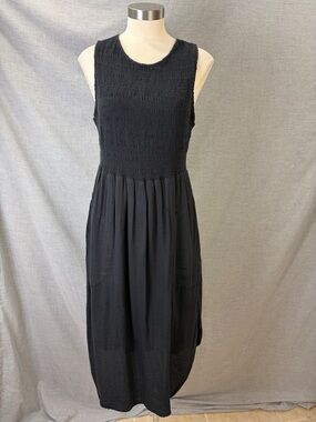 prAna Black Smocked Bodice Sleeveless Midi Dress Keyhole Back M